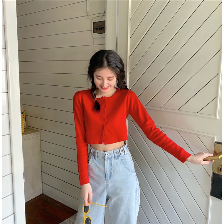 Áo Cardigan dáng croptop dệt kim tay dài phong cách Hàn Quốc