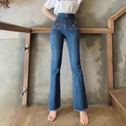 Quần Jean Nữ Aiori Ống Loe Lưng Cao Màu Xám Lai Tua Túi Chéo Kiểu Quần Bò Bass Trơn Dáng Dài Vải Co Giãn Cao Cấp