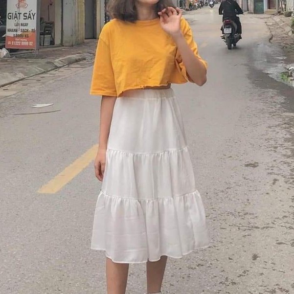 Chân váy dài 3 tầng 2 lớp - chân váy voan dài 3 tầng 2 lớp  kèm ảnh/video thật