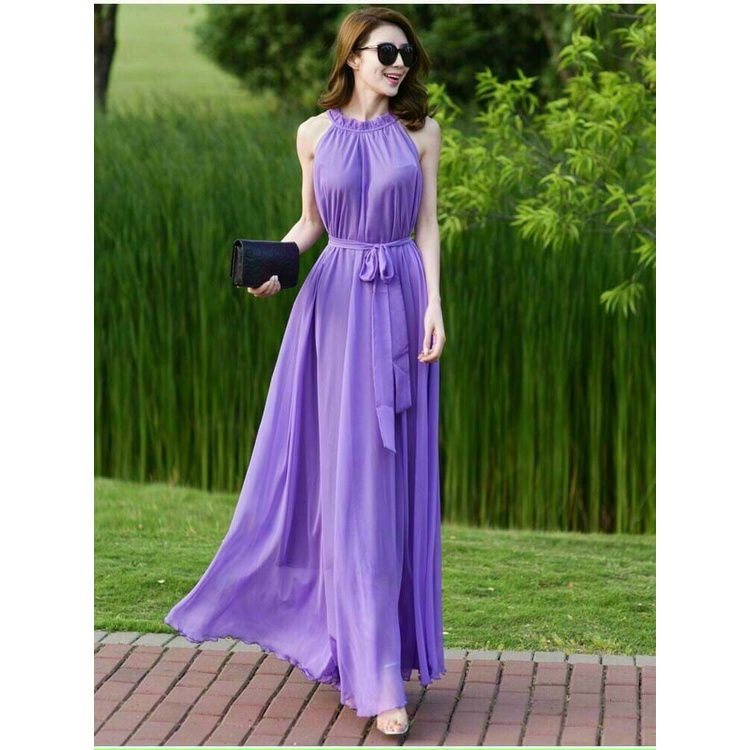 Váy đầm nữ maxi dáng dài cổ yếm cột nơ eo chất voan cao cấp 2 lớp