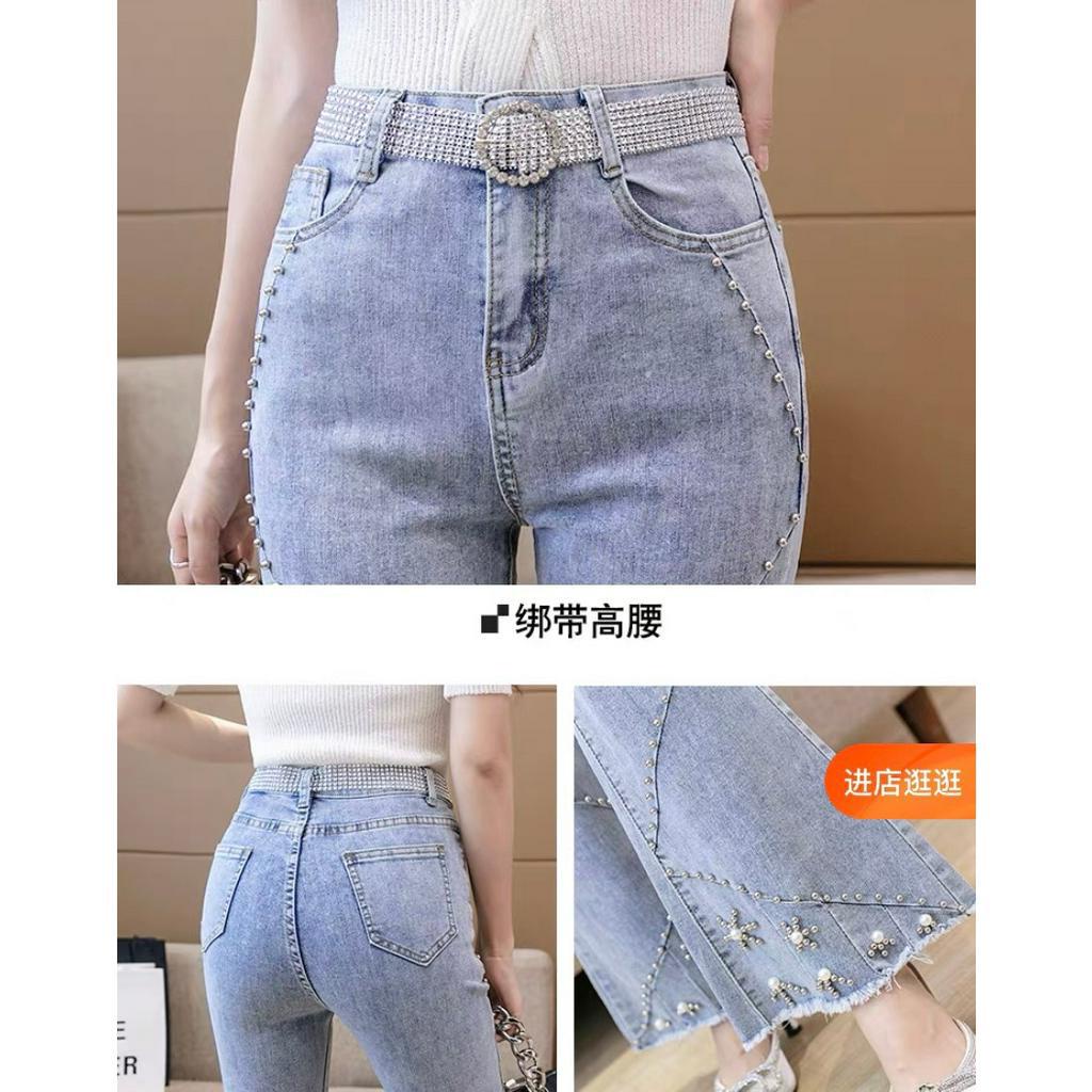 Quần jean ống loe viền chép đính đá kèm dây thắt eo XINH XẮN - Shop Trang Quảng Châu