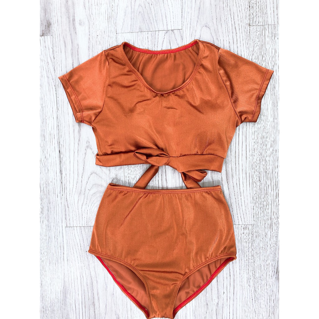 Đồ bơi Bikini hai mảnh đẹp cam đất cộc tay mặc đi biển đi bơi đẹp
