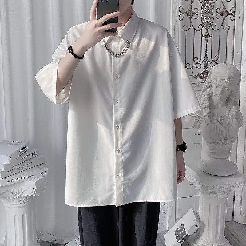 Áo Sơ Mi Ngắn Tay Dáng Rộng Chống Nhăn Phối Dây Xích Thời Trang Mùa Hè Hàn Quốc Hàng Mới Chính Hãng Dành Cho Nam