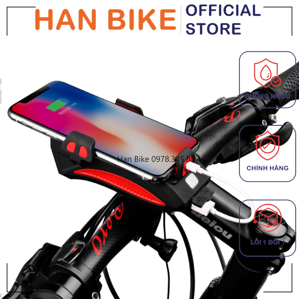 Đèn Pin Kẹp Điện Thoại HAN BIKE - Đèn Xe Đạp Siêu Sáng 3 Bóng LED Chống Nước Còi Đa Năng Hàng Cao Cấp