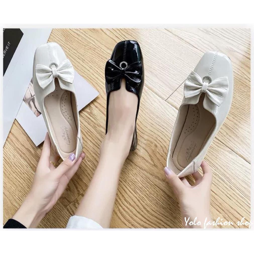 Giày bệt búp bê nữ mũi vuông da bóng đính nơ xinh xắn da mềm êm chân - B23 | BigBuy360 - bigbuy360.vn