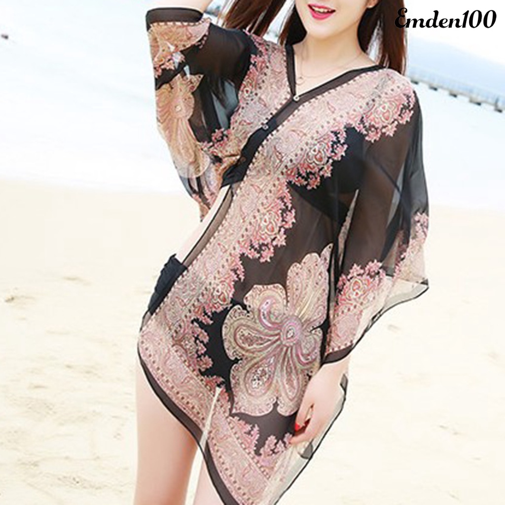 EMDEN Khăn Choàng Bikini Đi Biển Vải Chiffon In Hoa Kiểu Vintage Đa Năng Chống Nắng Cho Nữ