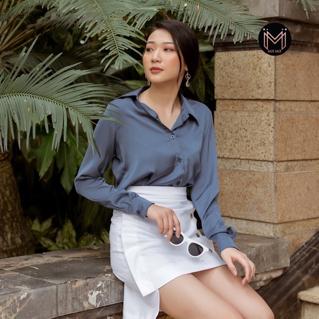 Áo sơ mi lụa màu xanh xám - MIXMIX - Hàng thiết kế - Hình thật