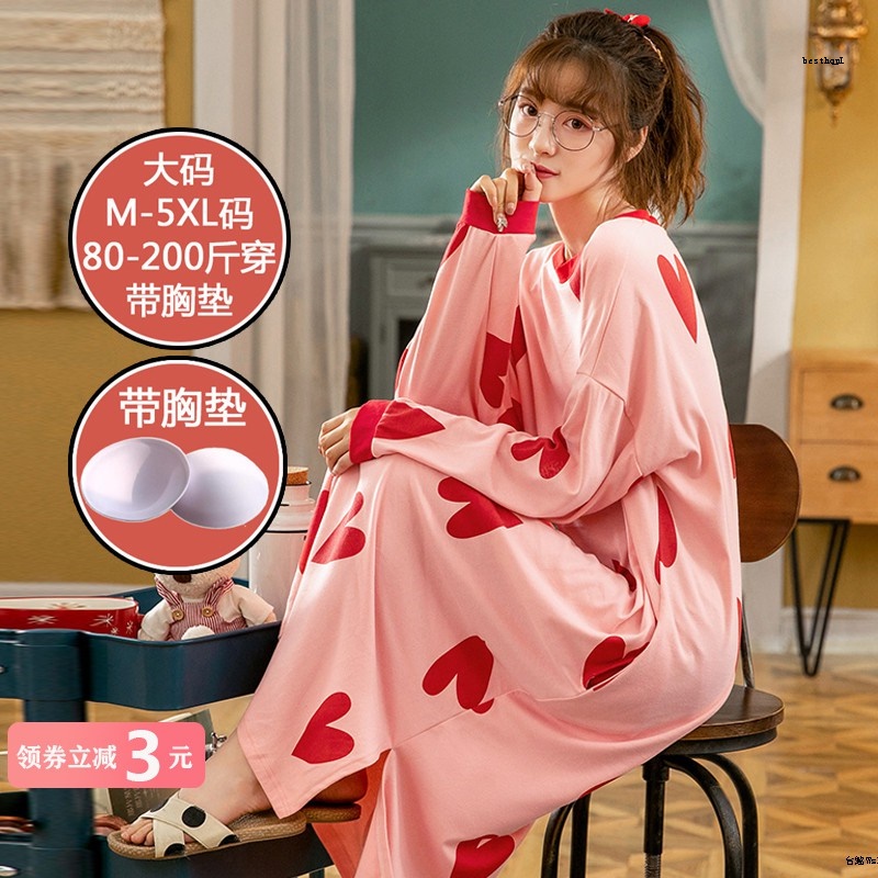 Đầm Ngủ Cotton Nguyên Chất Tay Dài Có Đệm Ngực Dễ Thương Thời Trang Xuân Thu Cho Nữ