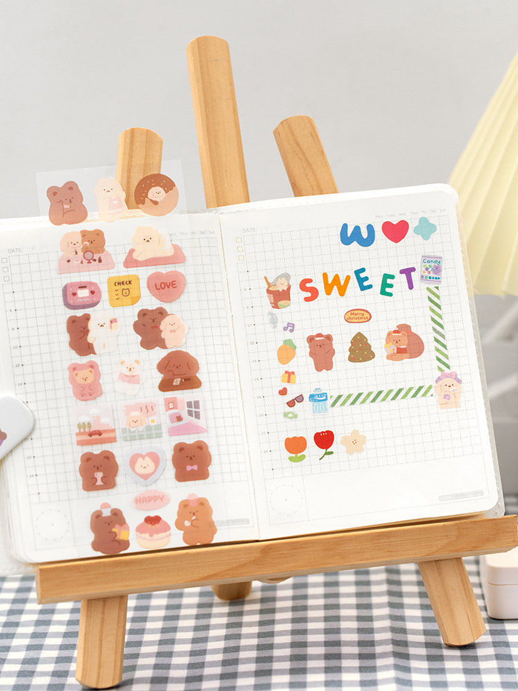 Flowertree Sticker Set 2 tờ nhãn dán họa tiết gấu ngọt ngào trang trí nhật kí