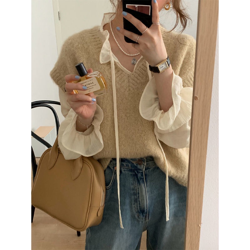 Áo khoác ghi lê dệt kim cổ chữ V dáng rộng nhiều lớp bên trong phong cách Hàn Quốc cho nữ