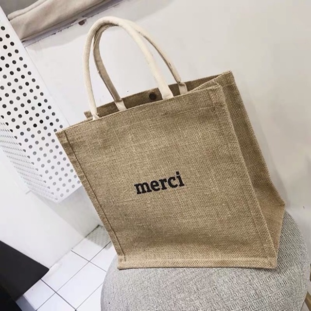 Túi Cói Merci Phong Cách Vintage 1 Màu Sáng, Có Đệm Đáy Giữ Form Túi, Có Lót