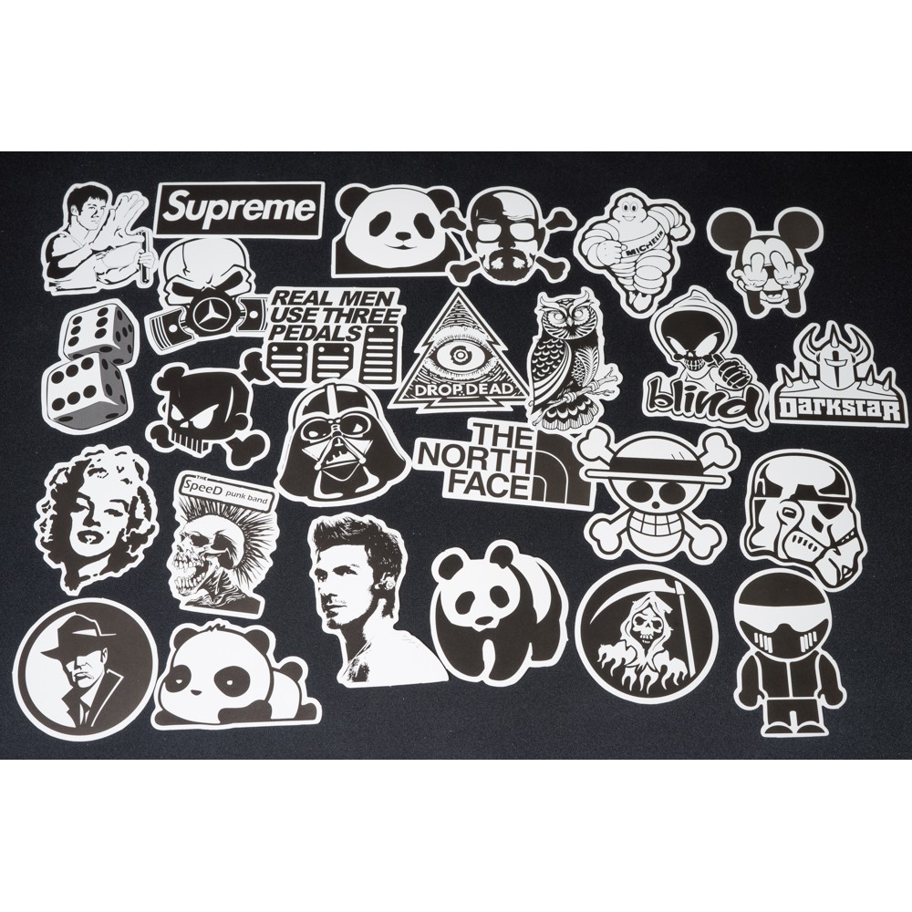 Bộ 10 20 50 sticker trắng đen black white stickers cao cấp trang trí Vali Laptop Mũ Bảo Hiểm Xe Máy Xe Đạp Đàn