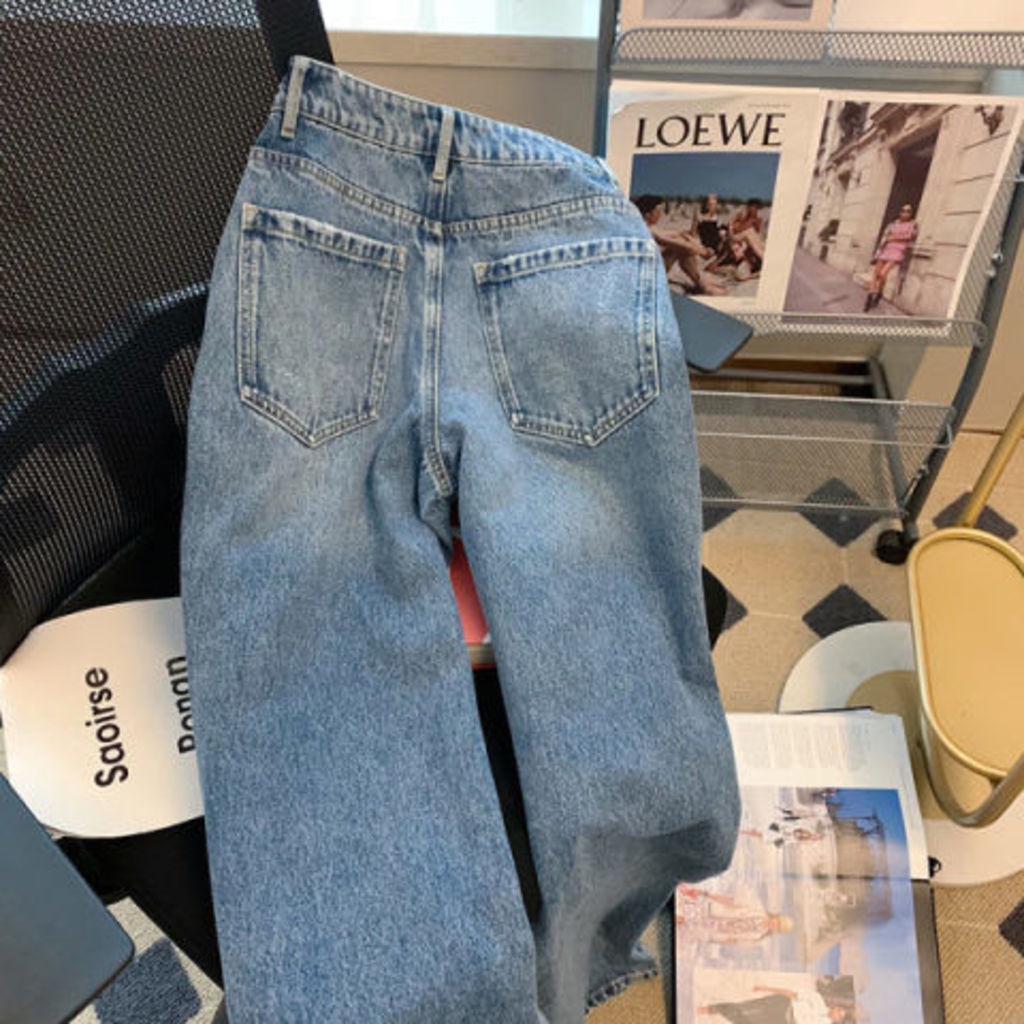 Cartoon Embroidery Bear Hole Straight Jeans Women Summer New Korean Loose Student High Waist Trousers