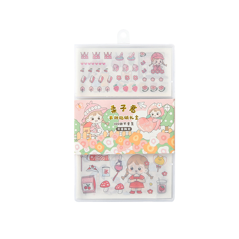 Hộp 100 tờ nhãn dán họa tiết bé gái hoạt hình đáng yêu trang trí sổ tay sổ lưu niệm DIY