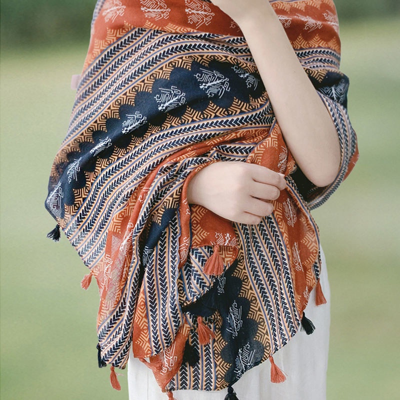 Khăn Choàng Cotton Lanh Hai Cách Dùng Chống Nắng Phong Cách Dân Tộc Kiểu Mới Thích Hợp Khi Đi Du Lịch