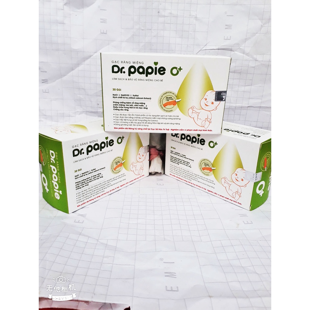 Gạc rơ lưỡi (Gạc răng miệng) Dr Papie (Hộp 30 gói) giúp phòng chống nấm miệng, tưa lưỡi, viêm nướu và sâu răng cho bé