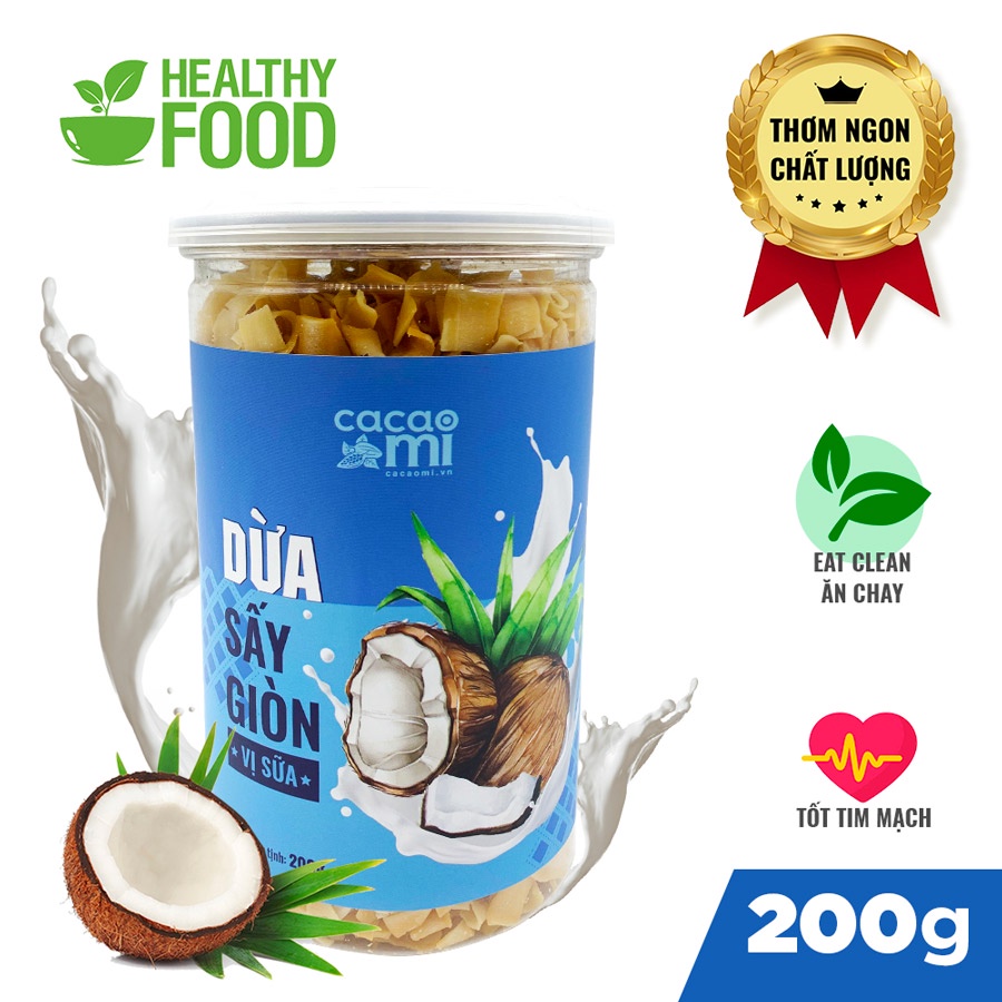 Dừa sấy giòn cao cấp vị sữa CACAO MI ăn vặt healthy Eat Clean, đặc sản Việt Nam 200g
