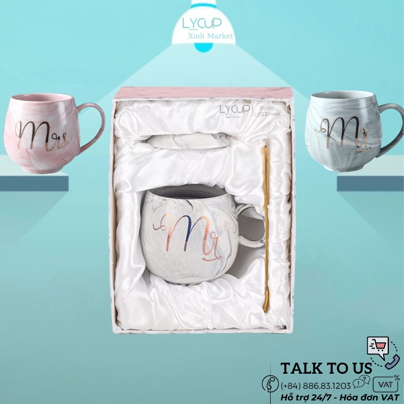 Ly cốc sứ có nắp vân đá TRÒN MR & MRS có HỘP QUÀ cực đẹp (ROUND CUP)