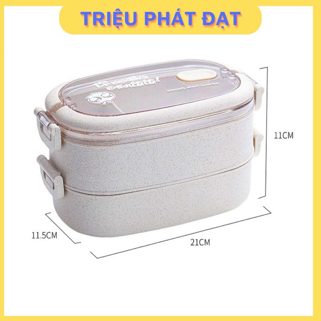 Hộp cơm văn phòng giữ nhiệt  lúa mạch 3 ngăn 2 tầng, Tặng kèm muống dĩa, Kích thước: 21.5 * 12 * 12cm - Cân Nặng:550g