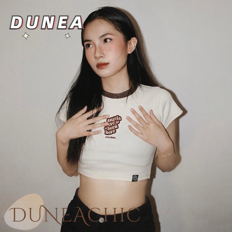 DUNEA Áo thun lửng tay ngắn cổ tròn in chữ quyến rũ hợp thời trang dành cho nữ