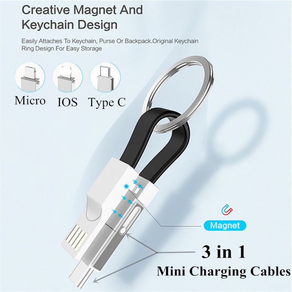 Cáp USB 3 trong 1 Sạc cáp sạc Cáp chiếu sáng 2A Mini Keychain cho iPhone type-c Android