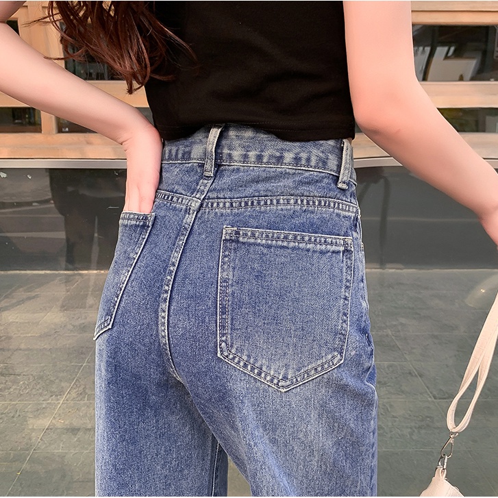 Quần Jeans Nữ Lưng Cao Ống Rộng Thêu Hình Trái Tim Thời Trang