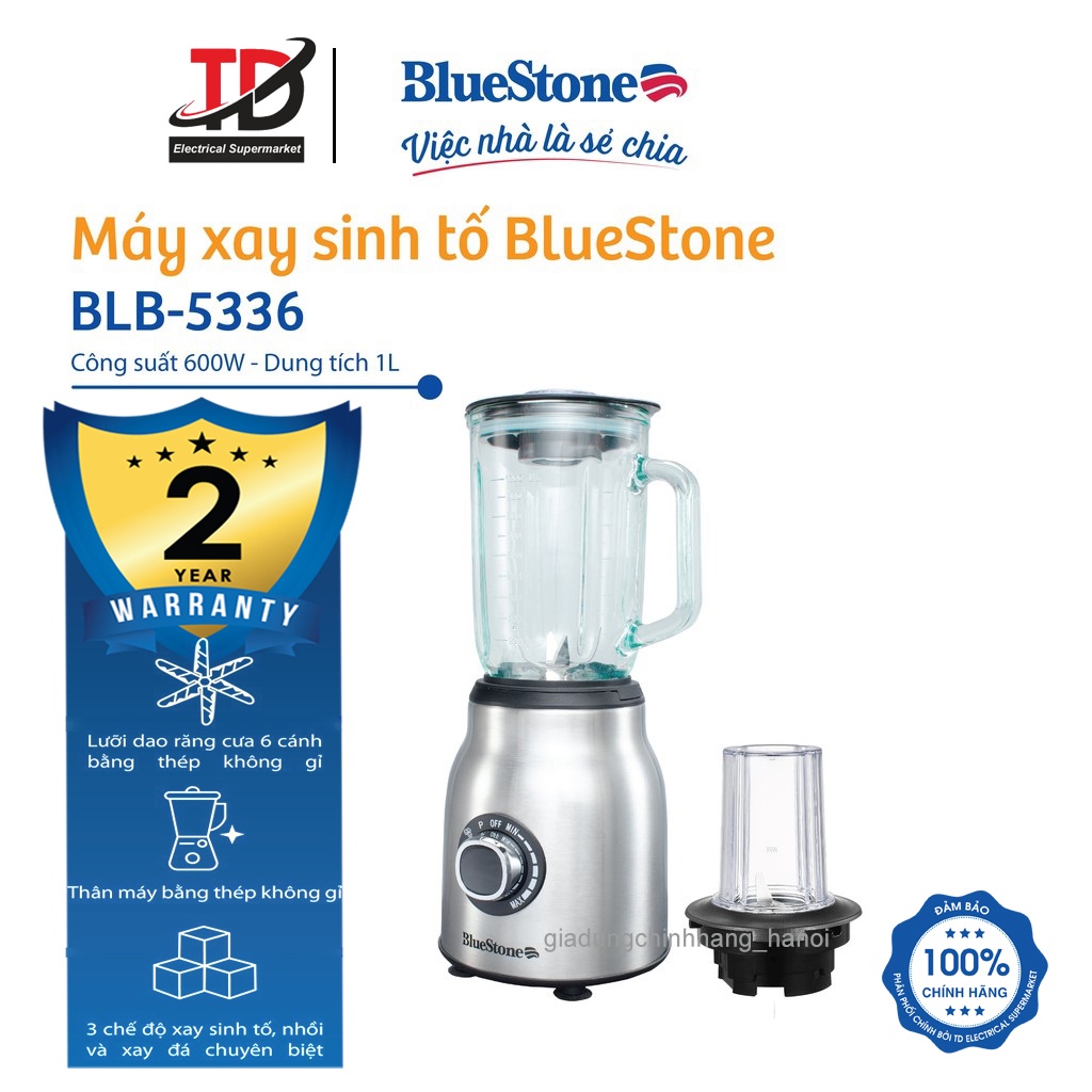 Máy xay sinh tố BlueStone BLB-5336 - 600W Cối thủy tinh cao cấp dung tích 1000ml, Bảo hành chính hãng 2 năm