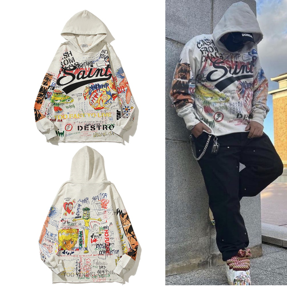 Áo Khoác Hoodie Chui Đầu In Họa Tiết Graffiti Thời Trang Thu Đông 2022