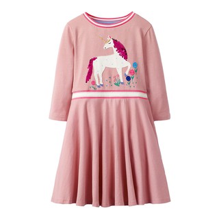 Mã 1192 váy dài tay màu hồng, thêu đắp ngựa Pony đính hạt cườm cho bé gái của Aosta Betty