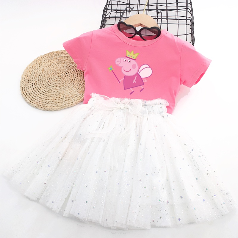 Bộ 2 Món Áo Thun Tay Ngắn + Đầm Tutu In Họa Tiết Hoạt Hình Lấp Lánh Cho Bé Gái