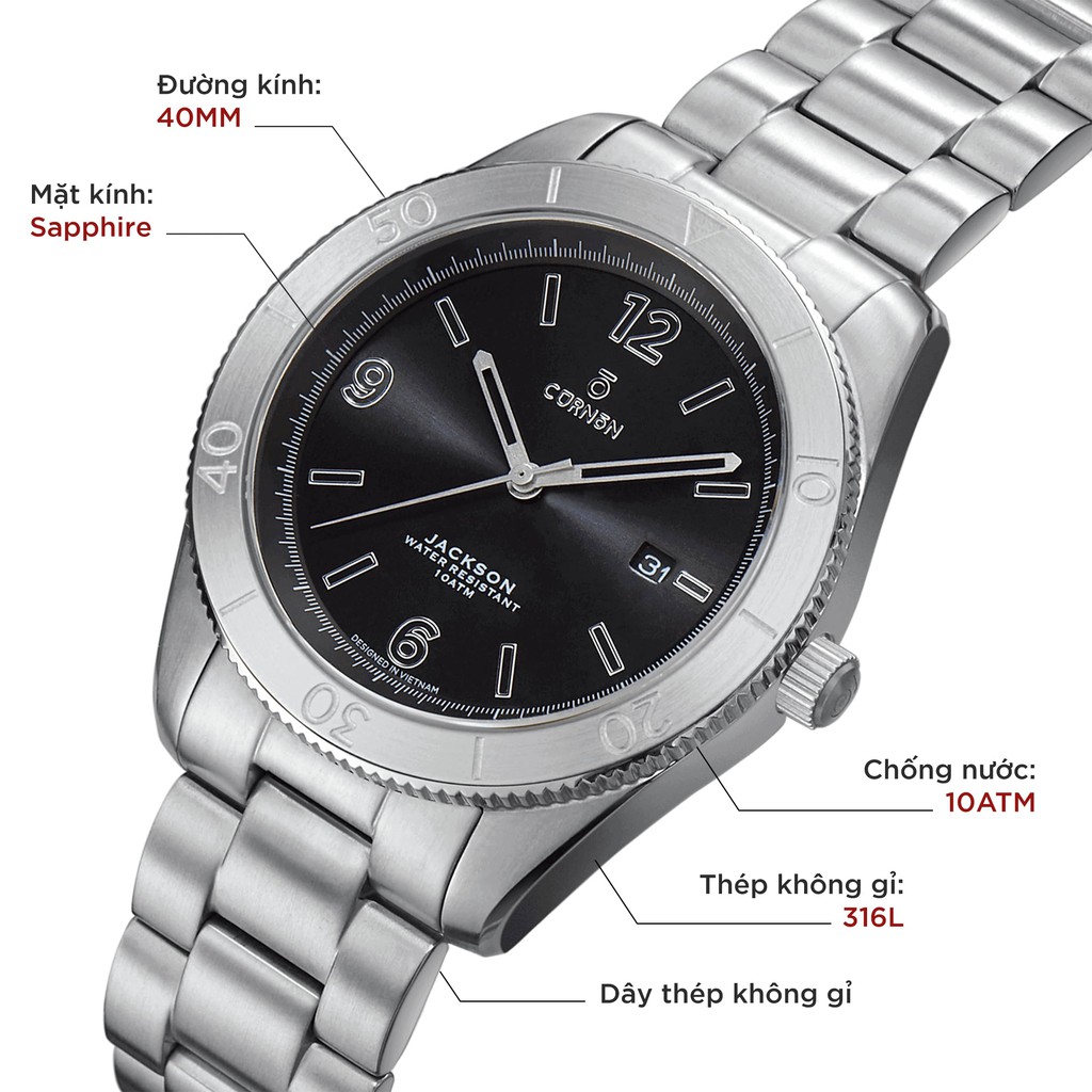 Đồng hồ nam Curnon Jackson Thunder dây kim loại chính hãng, thiết kế thể thao dễ đeo | BigBuy360 - bigbuy360.vn