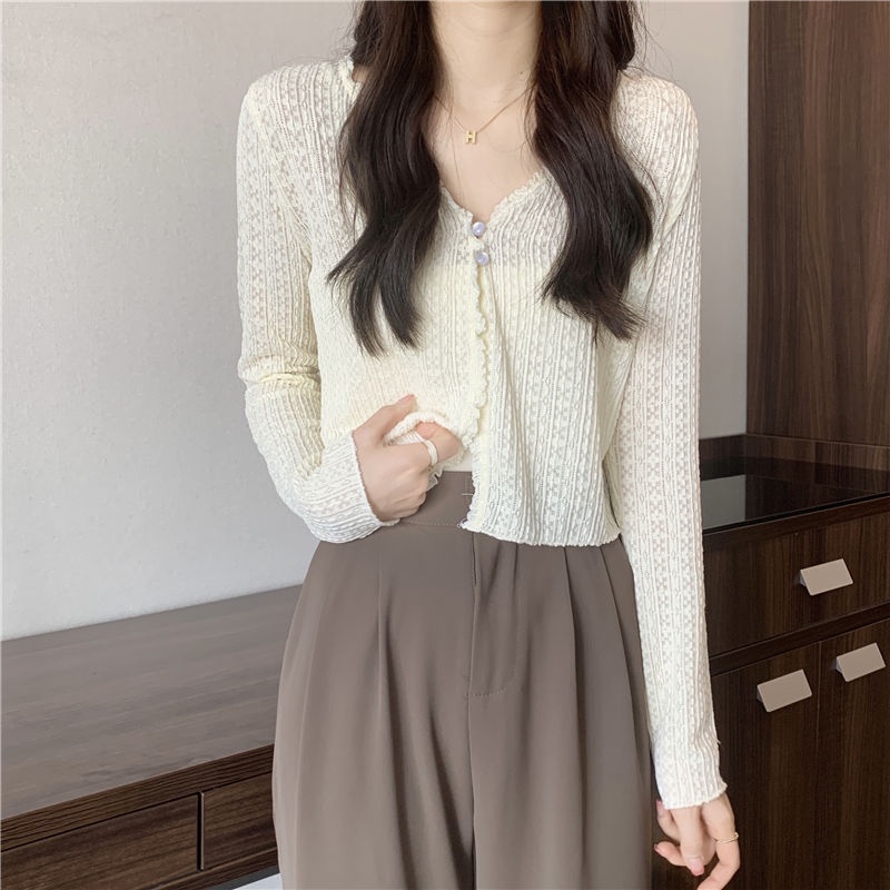 Áo Khoác Cardigan Dệt Kim Mỏng Phối Ren Cổ Chữ v Thời Trang Mùa Hè Dành Cho Nữ