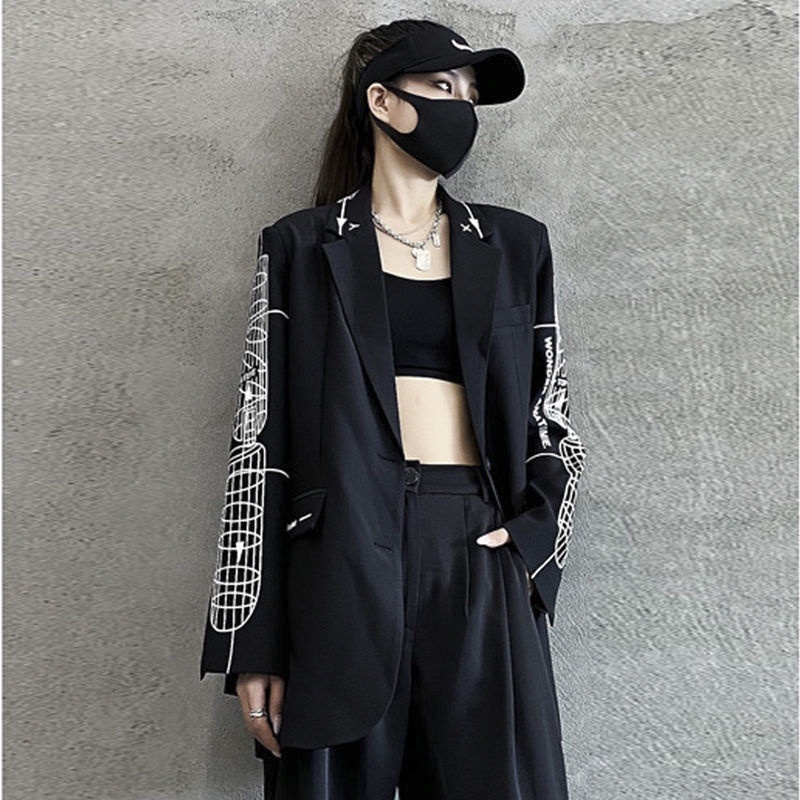 Casual Loose Suit Jacket Women 2022 Handsome Personality Fried Street Print Small Suit Women
