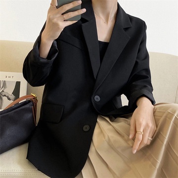 Áo khoác blazer dáng rộng màu đen trơn kiểu Hàn Quốc cho nữ