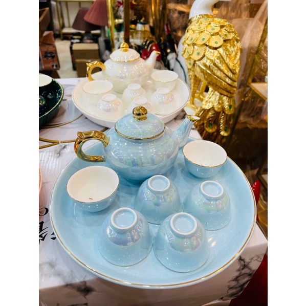 Bộ ấm chén sứ ánh trai viền vàng khay tròn-Bộ trà đẹp