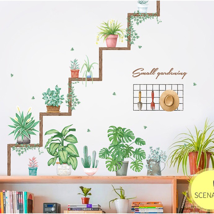 Decal dán tường chậu cây trên giá gỗ B15