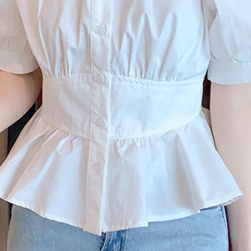 Áo sơ mi Ielgy tay ngắn nhún bèo màu trắng thời trang cho nữ