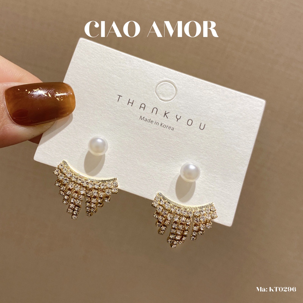 Khuyên tai nữ, Bông tai nữ bạc 925 nụ ngọc viền thả đính ngọc quý phái Trang sức Ciao Amor - KT0296
