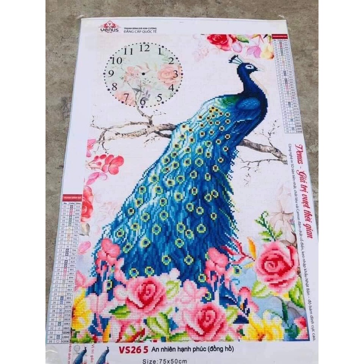 Tranh đính đá đồng hồ chim công KT:75x50cm. Tranh gắn đá chưa đính.