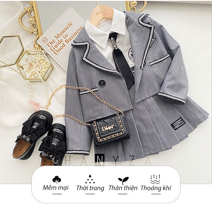 Bộ váy bé gái xếp ly cùng áo vest phong cách học sinh Hàn Quốc