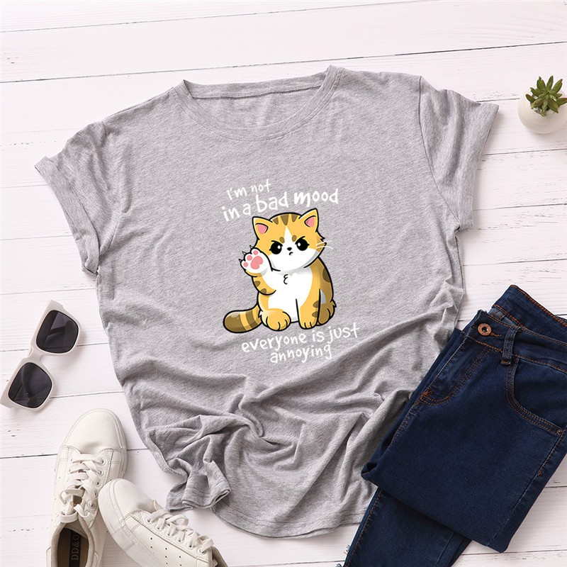 Áo thun phông nam nữ form rộng Familylove - Mẫu áo Unisex  Chú mèo in a bad mood chất Cotton 100% cao cấp