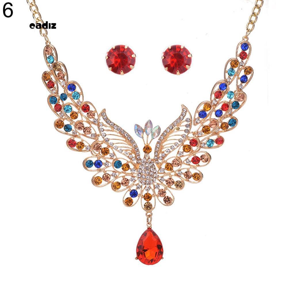 Bộ dây chuyền và khuyên tai hình đuôi công đính đá nhiều màu