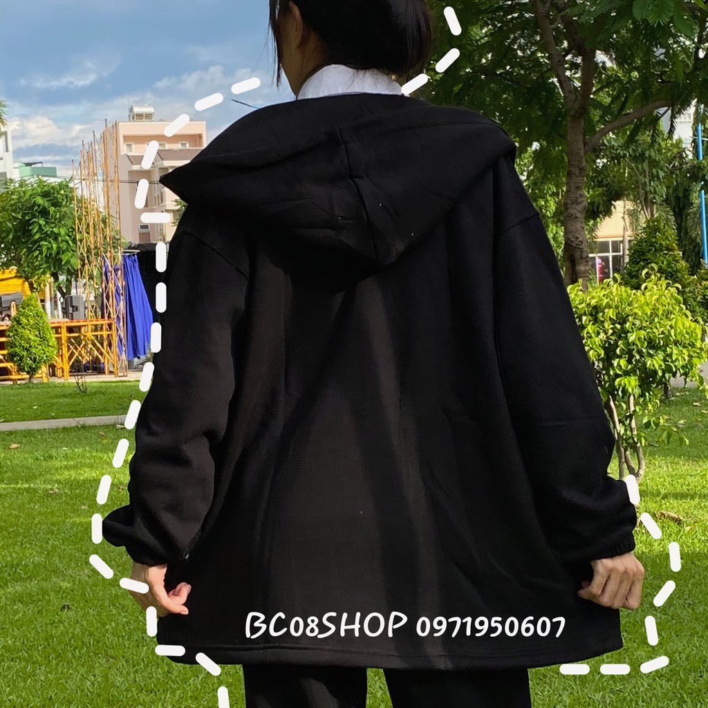 Áo Hoodie Kéo Khóa Rút Dây Màu Đen Basic Chất nỉ bông