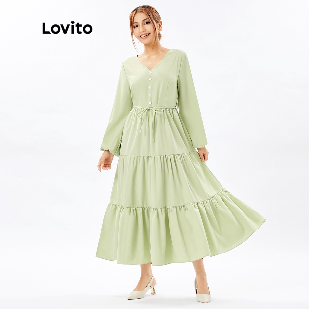 Đầm dạ hội Lovito xếp nếp tốt cổ chữ V màu trơn phong cách thường ngày L26ED055 (màu xanh lá nhạt)