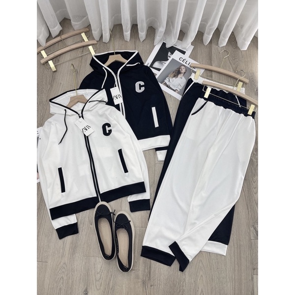 Set bộ mũ khoá chữ C thêu nổi quần ống suông phối