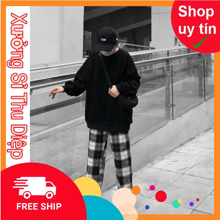 Quần CARO ỐNG SUÔNG NÂU - ĐEN TRẮNG NỮ UNISEX SỊN XÒ