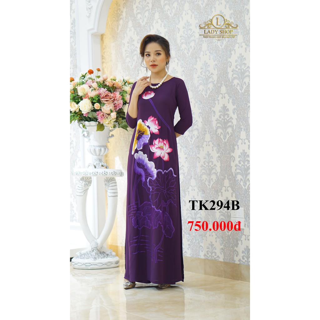 Áo dài trung niên thời trang quý bà cao cấp - Ladyshop - Áo dài thêu hoa sen hồng TK294