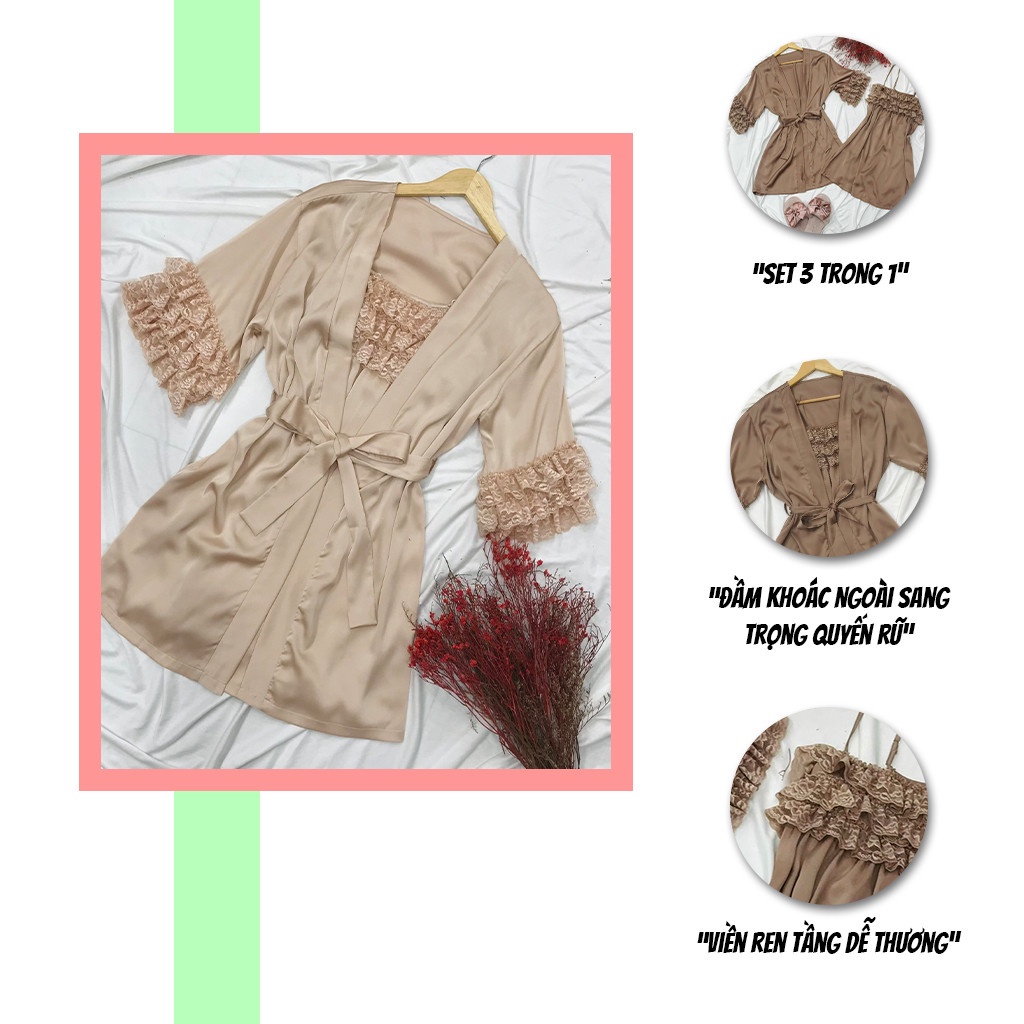 Đầm mặc nhà SBORG đầm ngủ lụa latin cao cấp áo khoác tay lửng viền ren phối áo 2 dây sexy dễ thương freesize 65kg