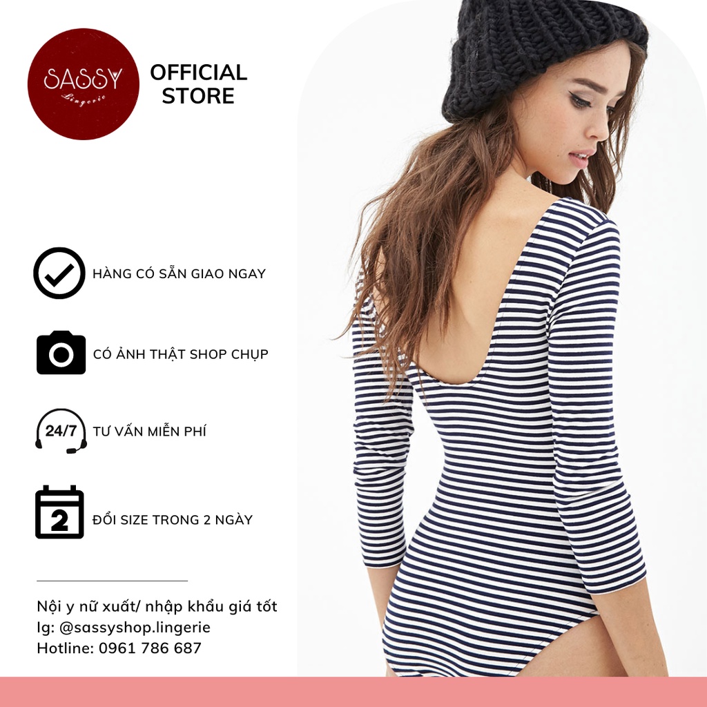 Bộ bodysuit nữ áo liền thân thun cotton sọc ngang trắng đen cơ bản cá tính tay dài co giãn thoải mái cho nữ
