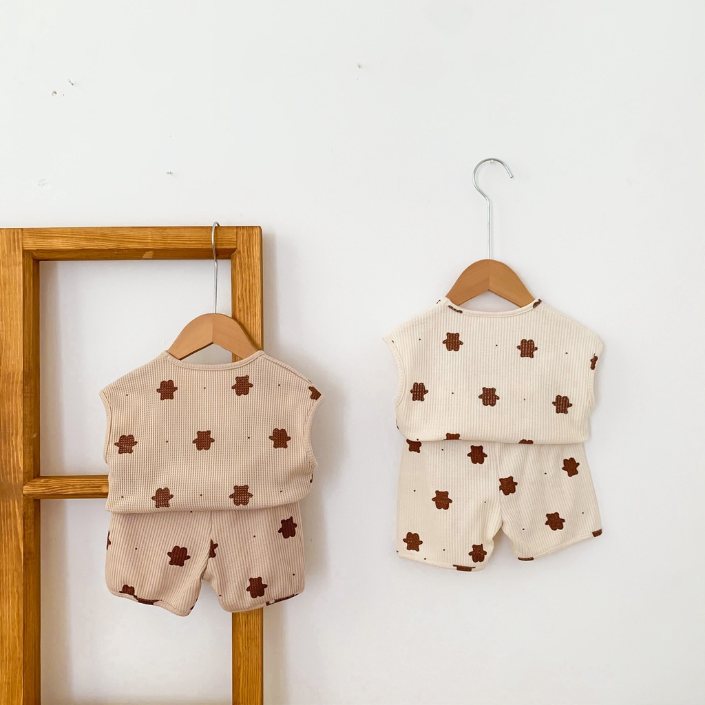 Bộ Áo Sơ Mi Sát Nách + Quần Short Cotton In Hình Gấu Dễ Thương Dành Cho Bé Gái 1-5 Tuổi